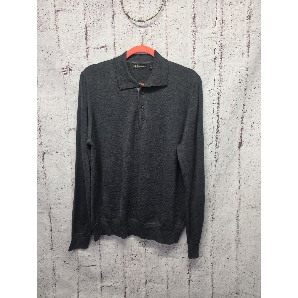 Neiman Marcus Polo Sweater L Gray Italy Wool Long Sleeve Collared 1/4‎ Button